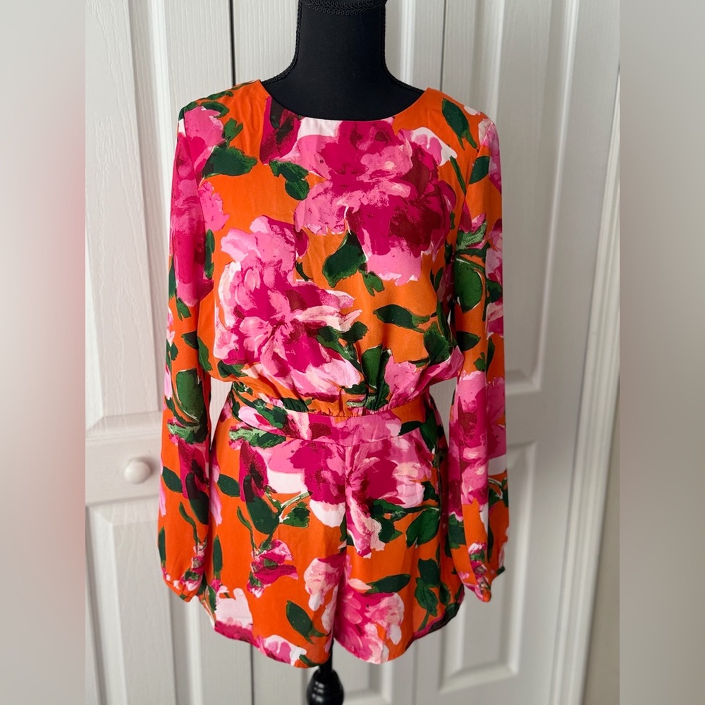 Lulus Sweetest Song Size Small Floral Print Backless Long Sleeve Bright Romper
